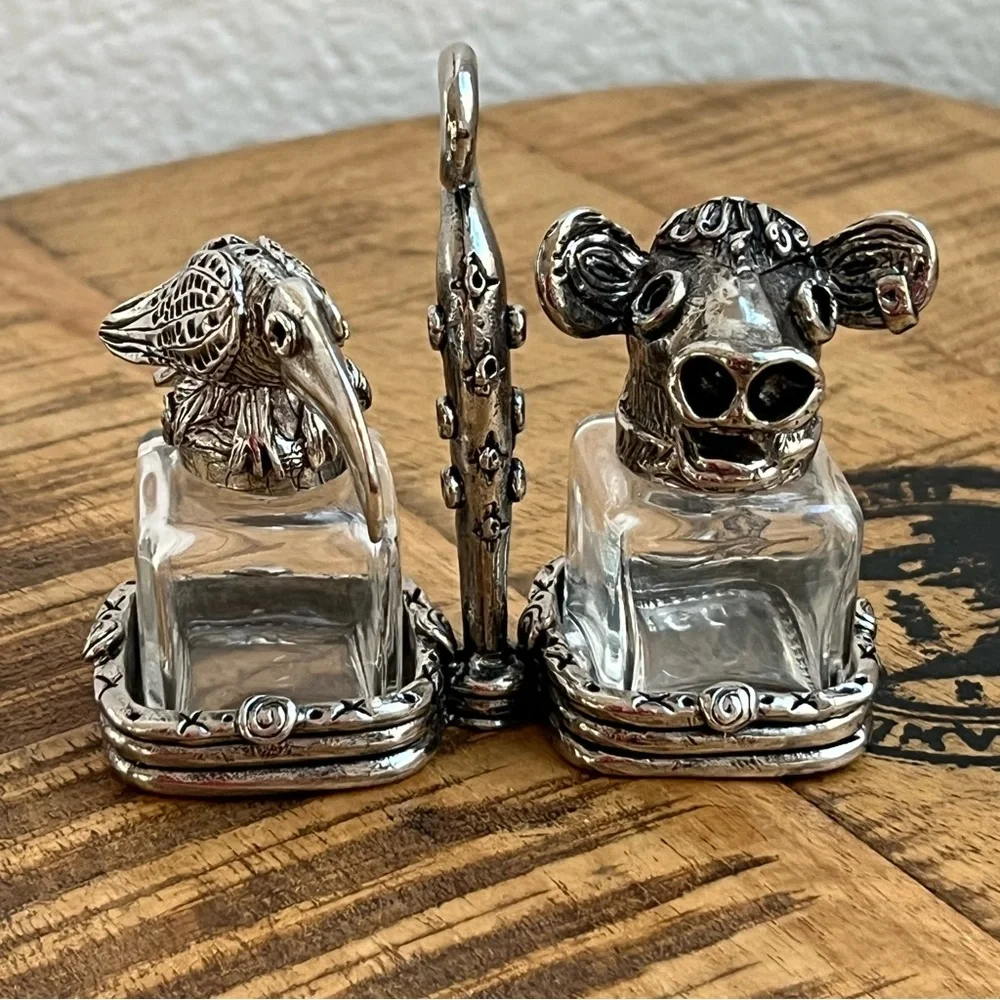 AST Pewter Salt Pepper Shakers Animal Head Glass Cow Bull Crow Bird of Prey